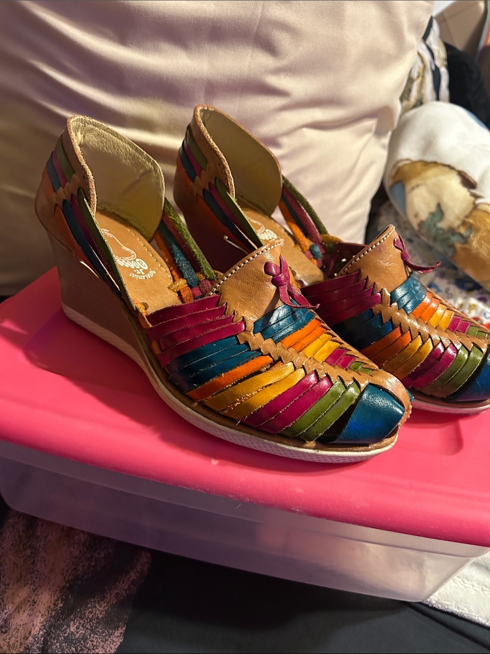 Multicolor Woven Leather Wedge Heels - Women